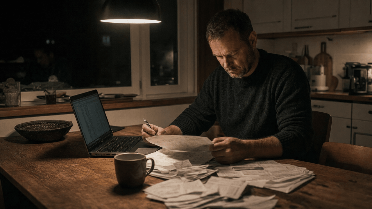 Tømrer ved køkkenbordet sent om aftenen med en bunke papirer